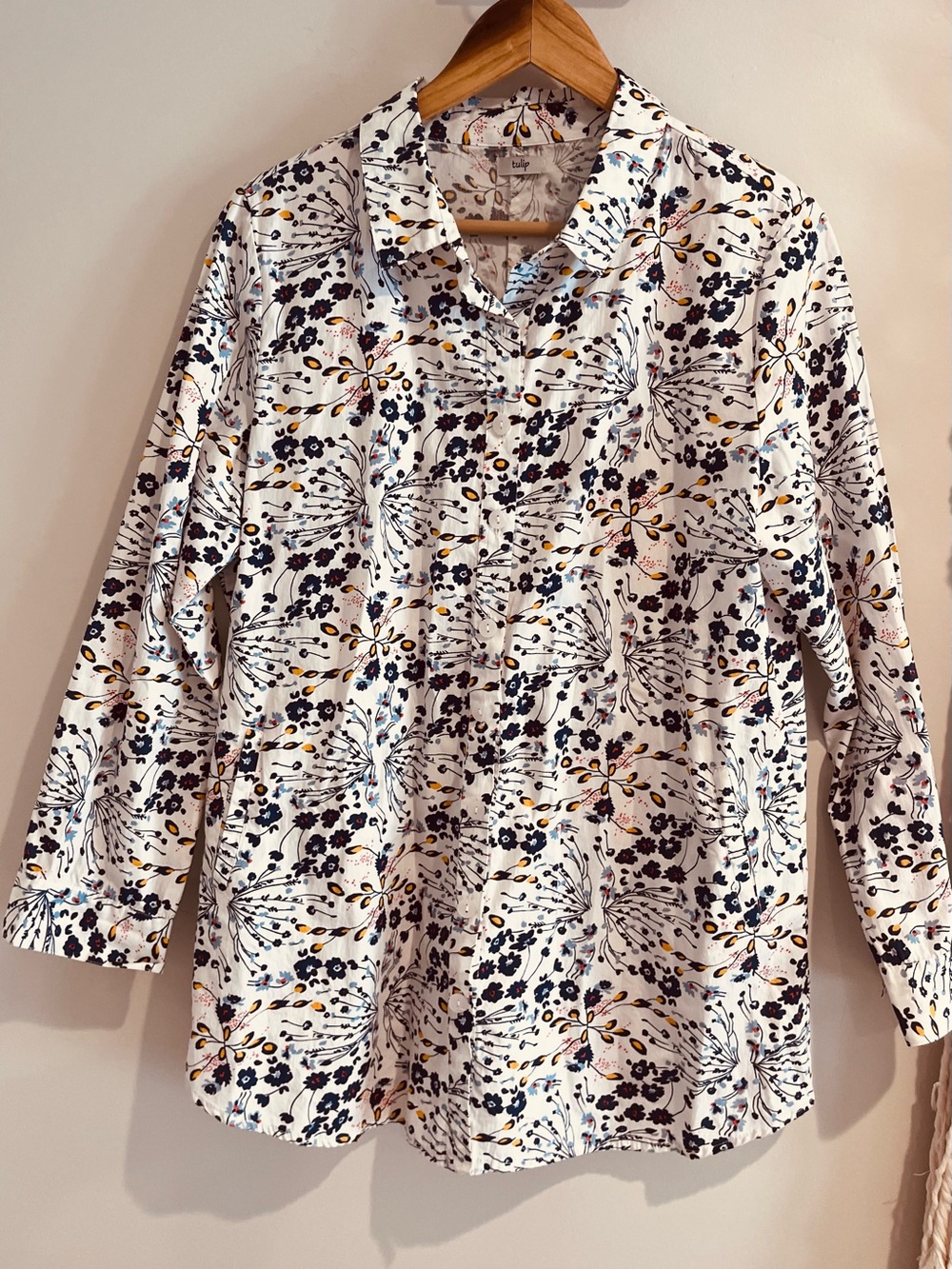 Tulip Floral Button Down Long Shirt Tunic Blue White Cotton SMALL Artsy Boho